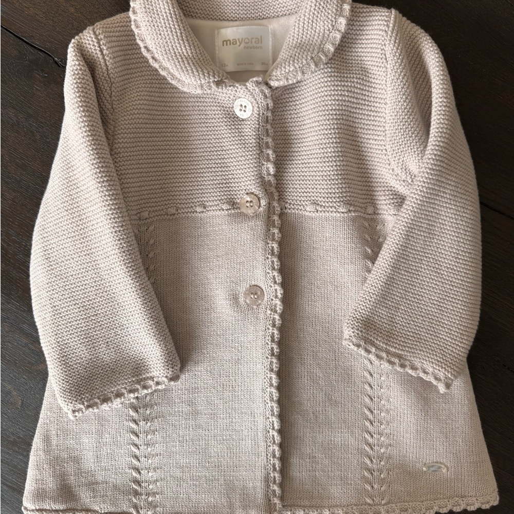 Mayoral Beige Knit Baby Cardigan with Scallop Trim